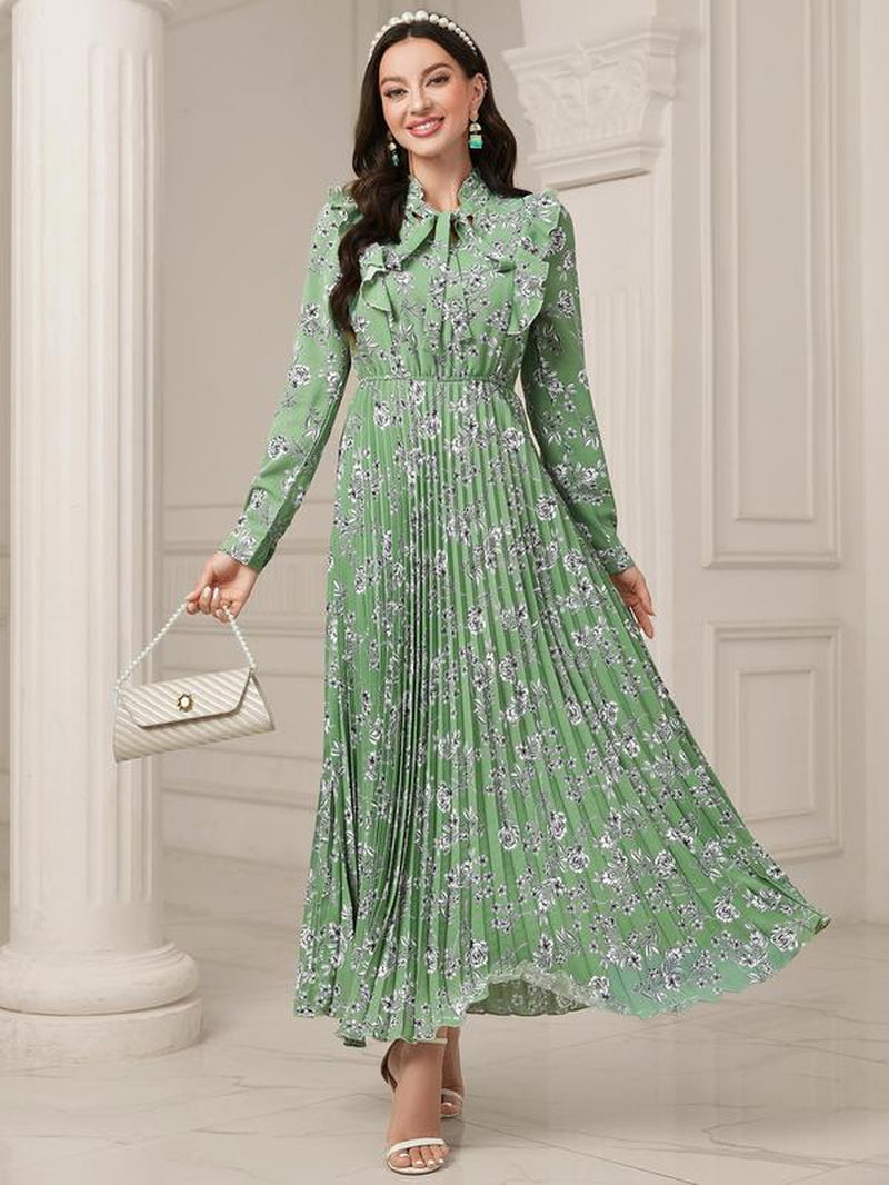 Women'S Floral Print Tie Neck Long Sleeve Vintage A-Line Dress, Summer Clothes Women, Elegant Flared Long Maxi Dresses for Spring & Fall, Women Clothing